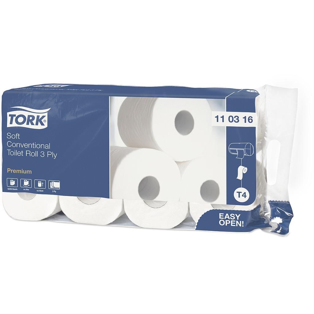 Tork Papier Toilette Rouleau Traditionnel 3 plis Blanc 250 Coupons T4 Premium 9x8 rouleaux