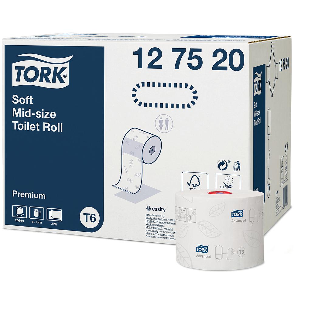Tork Papier Toilette Rouleau Mid-size Doux 2 plis Blanc T6 Premium 27 pces