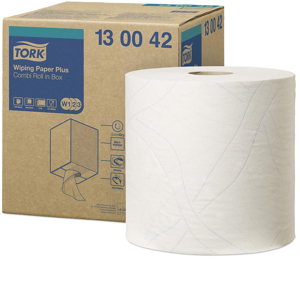 Tork Wiping Plus Rouleau Combi Chiffon D'Essuyage 2 pli 255mx23,5cm W1/W2/W3